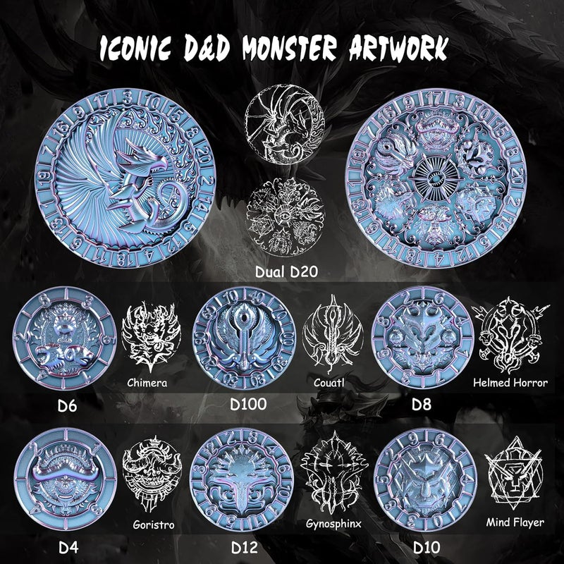 DNDND Spinner D&D Dice, Unique 8-in-1 Hexagonal Metal DND Dice with Dual D20 Monster Themed Dice Set for DND Dungeons and Dragons, Dungeon Masters with Collectible Gift Tin (Chameleon) - Image 5